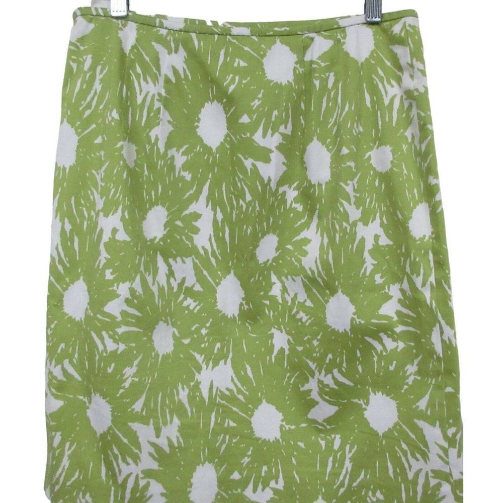 Talbots Daisy Splatter Print Stretch Cotton Lined Skirt Celery Green & White 6